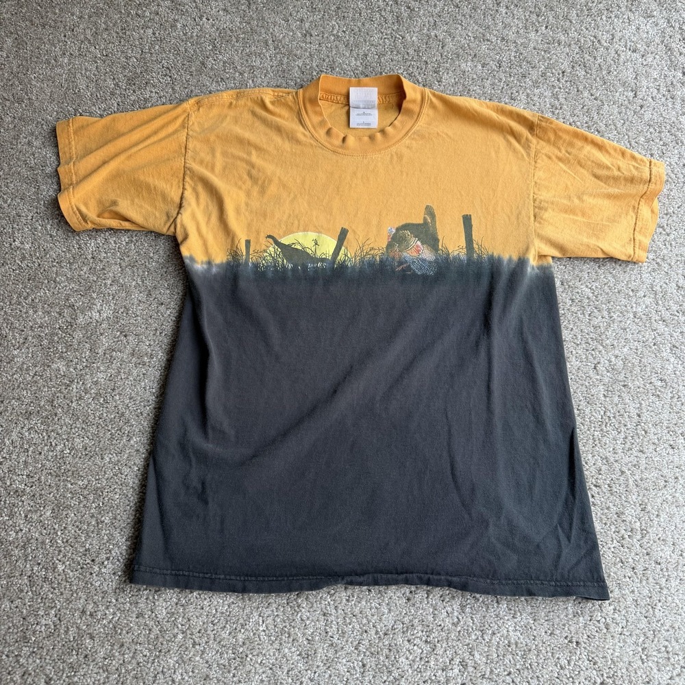 Vintage Gildan Heavy Cotton Shirt Mens Large Black Yellow Hunting Tee T-Shirt